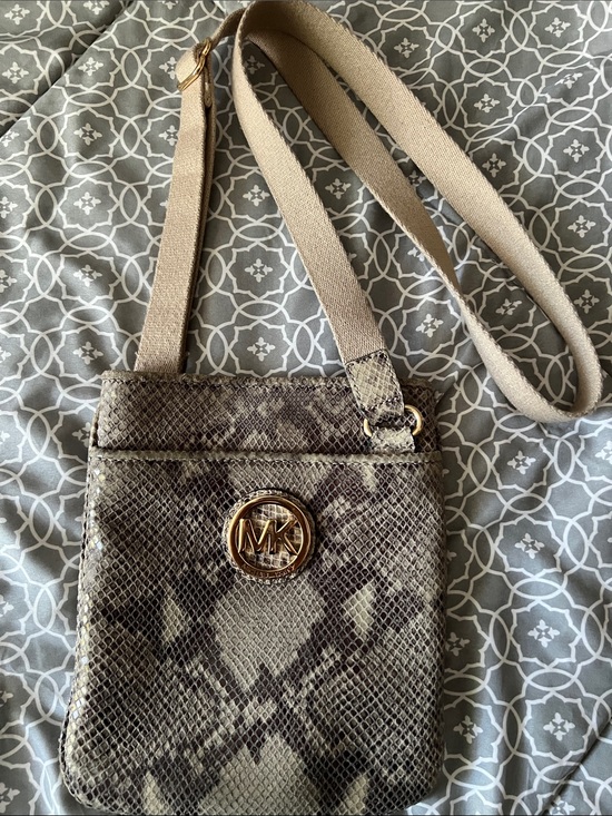 Michael Kors Handbags - Michael Kors Taupe Snake-Print Crossbody with Gold MK Logo